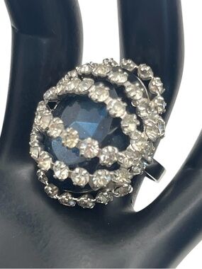 Blue & clear rhinestone dome cocktail ring adjustable silver tone size 5.5